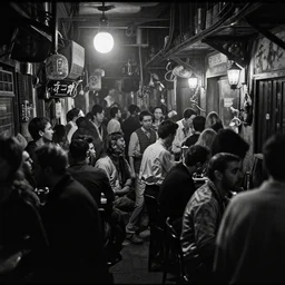 crowded opium den, monochrome film, dreamlike,