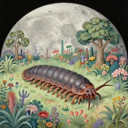 huge woodlouse, a landscape on the moon with many craters, huge woodlouse, a beautiful flowering garden, a lot of exotic vegetations, trees, intricate detaild, pale colors, 8 k, in the style of martin johnson heade and roger dean