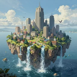 A beautiful painting of a metropolis built on a island floating above the sea, waterfalls fall from the island into the sea, video game concept art, scifi, rural dystopian, high detailed, photography, UE5
