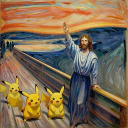 Jesus Christ in battle with several Pokemon on a field of battle, art by Edward Munch, oil on canvas