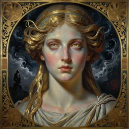 hyper realistic painting of the goddess athena, eyes made of storm in the background, art deco, hr giger, bussiere, art nouveau, gustav klimt, extremely detailed, intricate border, horror mood, sinister mood