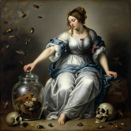 a painting of pandora opening her jar, releasing insects and critters that impersonate sickness and death, personification of misery in the style of realism and artemisia gentileschi, she is fully dressed