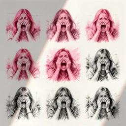 sobbing, pink, red, and black sketches by concept artists, rule of thirds, whimsical!!!, light and shadow, backlighting