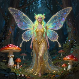 a colorful and provenance and stunningly beautiful female faerie priestess in amanita muscaria forest landscape, symmetrical wings on back, neon hair, fantasy art, wearing a dress of gossamer gold, dark light night, sharp focus, digital painting, 4 k, concept art, art by charlie bowater and alphonse mucha, brom, face by otto schmidt