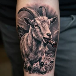 a tattoo of a goat with a stick of dynamite in its mouth