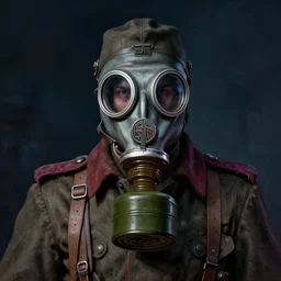 portrait of futuristic world war 1 russian soldier with gp - 5 gas mask, dark night background, eerie colors, high details, dripping paint, greg rutkowski, craig mullins, ash thorpe, fibonacci rhythm ar