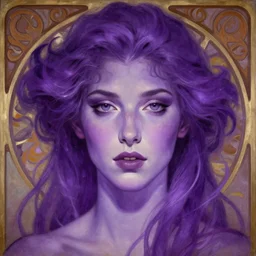 purple, character portrait of purple energy, by waterhouse, by mucha, lean face, symmetrical face, face symmetry, cinematic lighting, beautiful, elegant, oil painting, cinematic, portrait, raphaelite, trending on artstation, intricate background, concept art