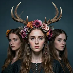 portrait of emilia clarke inspired by iceland and floral headdress pagan wiccan viking antlers headdress full face constructionist portrait | | digital artwork made by greg rutswork, anna dittmann and lois van barlee, symmetrical strobe light, anatomically correct