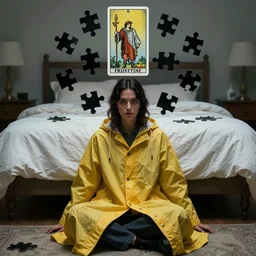 tarot card of a dark-haired woman wearing a yellow raincoat, sitting on the floor in front of a bed covered with white linen, black puzzle pieces hovering in the air, symmetrical face, atmospheric, cinematic, ultra detailed, by Weta Digital