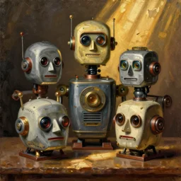 still life painting of old vintage robot heads by pieter claesz, oil on canvas, strong lighting, highly detailed, hyper realism, golden hour, god rays, hd, 4 k