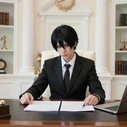 a person cosplaying griffith from berserk manga by kentaro miura sitting at his white house oval office desk