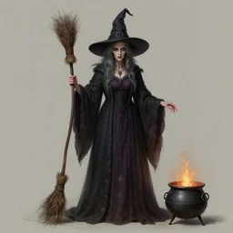 Full body Portrait of gorgeous old Witch, with dark grey hair, pale skin, red eyes, classical witch robe, magic broom, pointy witch hat, visible face, magical cauldron, D&D, DND, extremely detailed, detailed face, modest, high fantasy, matte painting, by artgerm and Craig Mullins, James Jean and Clyde Caldwell, trending on artstation artstationHD, artstationHQ, cgsociety, HD 16K