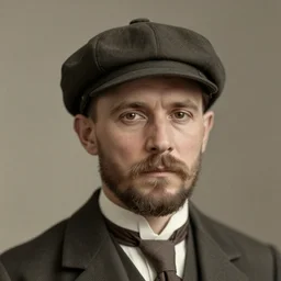 A photograph portrait of Jerma985 wearing a newsboy cap in the early 1900s, taken in the early 1900s, grainy, taken on a early 1900s Kodak Camera, realistic, hyperrealistic, very realistic, highly detailed, very detailed, extremely detailed, detailed, digital art, trending on artstation