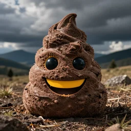 a photograph of smiling feces impersonating the poo emoji
