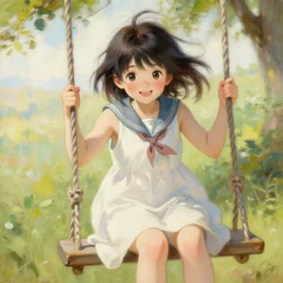 a portrait of a cute anime girl on swing, smiling coy, painting by gaston bussiere, craig mullins, j. c. leyendecker