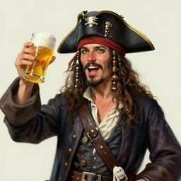 portrait of a pirate cheering beer, illustration by mandy jurgens and william adolphe bouguereau, artgerm, 4 k, digital art, surreal, highly detailed, artstation, digital painting, concept art, smooth, sharp focus, illustration by mandy jurgens and william adolphe bouguereau