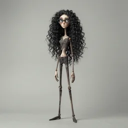a tall, stick - thin, young woman with long, curly black hair and glasses, intricate details, gawky figure by greg rutkowski