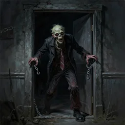 a painting of a zombie coming out of a doorway, concept art by dave melvin, photorealistic, hooks on chains, featured on deviantart, fantasy art, concept art, grotesque, creepypasta, black magic, demonic