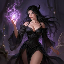 a perfect voluptious busty sorceress wearing black clothes having cleavage, smallest waistline possible and widest hips, casting a powerful spell, painted by LeraPI and Greg Rutkowski, SFW, trending on ArtStation