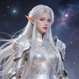 ( hyper realistic proportional stylization portrait of a techpunkk drow as a war of cleric in a futuristic pearl armor full of astral runes, the background is decorated with the universe ) by noah bradley, photorealistic, dynamic lighting, very detailed faces, trending on artstation, wallpaper, dream, 4 k, award winning, lovely pastel colors, ethereal, elegant