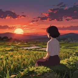 reimu sitting on a hill overlooking rice paddies during sunset cinematic, deep vibrant colors, anime illustration, anime screenshot composite background