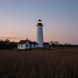 lighthouse at dusk in a new england field