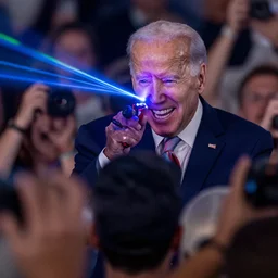 Joe Biden with a wide grin shooting laser beams out of his eyes into a crowd