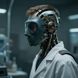 a half - masked observant young laboratory engineer man with cybernetic enhancements as seen from a distance, scifi character portrait by greg rutkowski, esuthio, craig mullins, 1 / 4 headshot, cinematic lighting, dystopian scifi gear, gloomy, profile picture, mechanical, half robot, implants, steampunk
