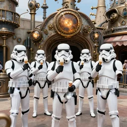 a group of stormtroopers enjoying ice cream cones at a whimsical steampunk theme park