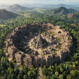 a big meteor crater in the middle of a perennial forest, barren ruins of an old fantasy castle around the crater, a populous medieval rich fantasy city castle built inside the crater, digital fantasy art, bird's-eye view, tall mountains in the horizon, 8k, in the style of Noah Bradley -9 —steps 150