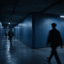 corner of underground lab hallways, people walking around, dark blue and black, clean, walls are made of dry wall, shiny floors, branching hallways, cinematic, blurry, unreal engine