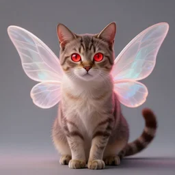 a cat with red glowing eyes and fairy wings, digital art, medium shot