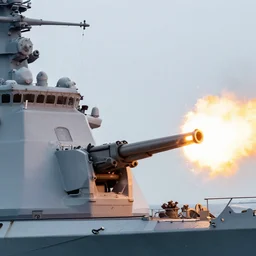 Highly detailed photograph of a warship firing its naval automatic gun, HDR, 8k