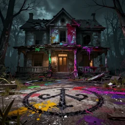 a sigil scribbled on the ground, inside a haunted destroyed house, trending on artstation, 8 k, digital photo, unreal engine, colored paint, colorful paint, scary style
