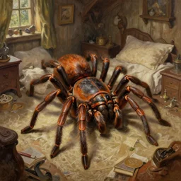 fantasy oil painting, a giant tarantula, as a dnd character, inside a cluttered bedroom, cottagecore, extremely detailed, book cover illustration, concept art, readability, smooth, sharp focus, art by brothers hildebrandt