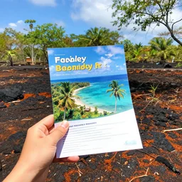 a picture of a tourist on a scourched island, holding a flyer for a holiday on the same island, yet with lots of vibrant nature, photorealistic