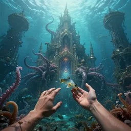 beautiful digital fantasy illustration of an underwater city surrounded by tentacles, the forge of worlds, concept art by xul solar, two hands reaching for a fish, high detail texture, unreal engine, 8 k, photographic quality, ultra hyper realistic quality, 8 k definiton, hyper - realistic, cinematic, cinematic lighting