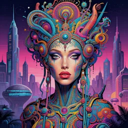 a complex hyperdetailed maximalist illustration of a dmt trip in a retrofuturist scifi city combined with a complex psychedelic portrait by legendary artists salviadroid feat android jones