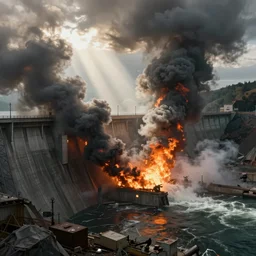 a huge hydroelectric dam collapsing. smoke and flames. cgartist. leading lines. volumetric lighting. god rays. edward hopper. digital matte painting. akeystu. # c 4 d