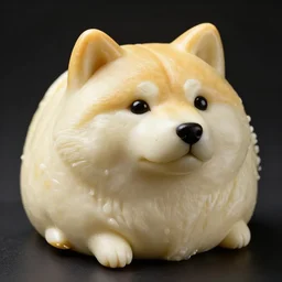 A very beautiful intricately shaped organic sculpture carved from steamed buns depicting a shiba inu. Studio lighting, High resolution, high quality, dark background