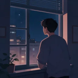 lo-fi style art of a man looking out his window at night, digital art