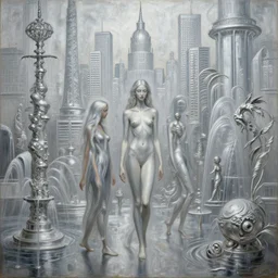 composition - assisted reconstructions of imagined superhuman futures, or languid - eyed lamia from morbid unrealized alternatives strolled or among the energy sculptures, fountains, dream fixtures, and phantasms, all beneath a silver city painting by william higginson, kopera, anton fedeev