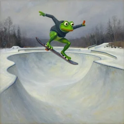 pepe the frog snowboarding in terrain park, ramps, half - pipe, gloomy landscape, expressive oil painting by christopher radlund and camille pissaro