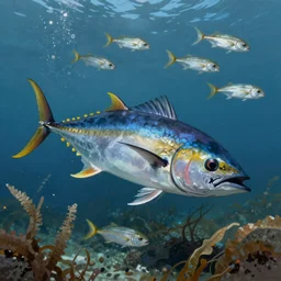An underwater painting of a yellow-fin tuna chasing bait fish near a mat of weeds, inspired by Guy Harvey, Sport Fishermen, digital art, insanely detailed, hyper detailed photorealistic, ambient lighting, award winning, stunning
