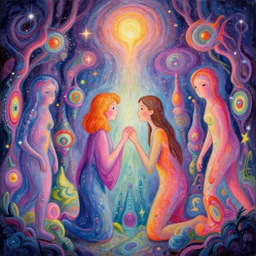 a psychedelic realm hidden away in a pocket of ethereal understanding | astral beings sharing love greg rutkowski wlop lisa frank bob ross | ruan jia | illustration