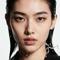 close up of face of fashion model, splashed with water, official versace editorial, highly detailed