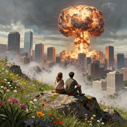 a couple sitting on top of a rock covered hillside with flowers watching a nuclear explosion in a nearby city skyscrapers, a detailed matte painting by filip hodas, cgsociety, fantasy art, artstation hq, vfxfriday, dystopian art