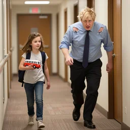 Boris Johnson with ripped clothing chasing a young lady down the corridor holding a toy bus