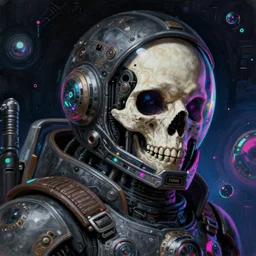 close up Portrait of a Space Pirate in space, albator dark fantasy, intricate space helmet, elegant humanoid skull shape, highly detailed leds, digital cyberpunk analogue painting, artstation, VHS concept art, smooth neon glitch, sharp focus, ghost in the shell illustration, art by James Gilleard and Beeple and Sam Youn and Fernanda Suarez and Artem Demura and Alphonse Mucha