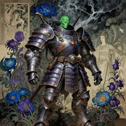 composition of gothic and futuristic, warhammer, cyber japan samurai armor, more and more scars, storm, green head, blue and purple, many mechflowers, the middle ages, highly detailed, artstation, in the style of moebius, jugendstil and classic japanese print, art by jean delville and rene magritte